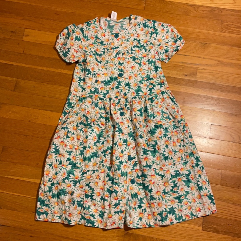 Vintage Girls Green Daisies Short-sleeve Sundress